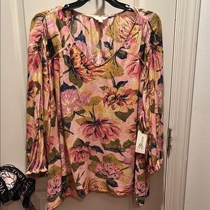 TERRA & SKY Womens Plus size Poet Sleeve Blouse Top Floral Pearl Blush 4X NWT